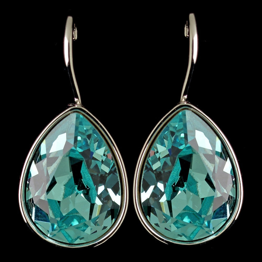 Silver Light Turquoise Swarovski Crystal Element Teardrop Leverback Bridal Wedding Earrings 9602