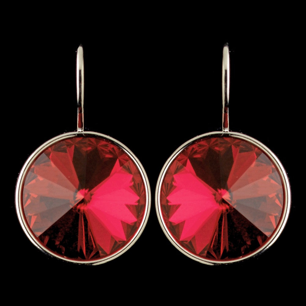 Silver Red Swarovski Crystal Element Large Round Leverback Bridal Wedding Earrings 9603