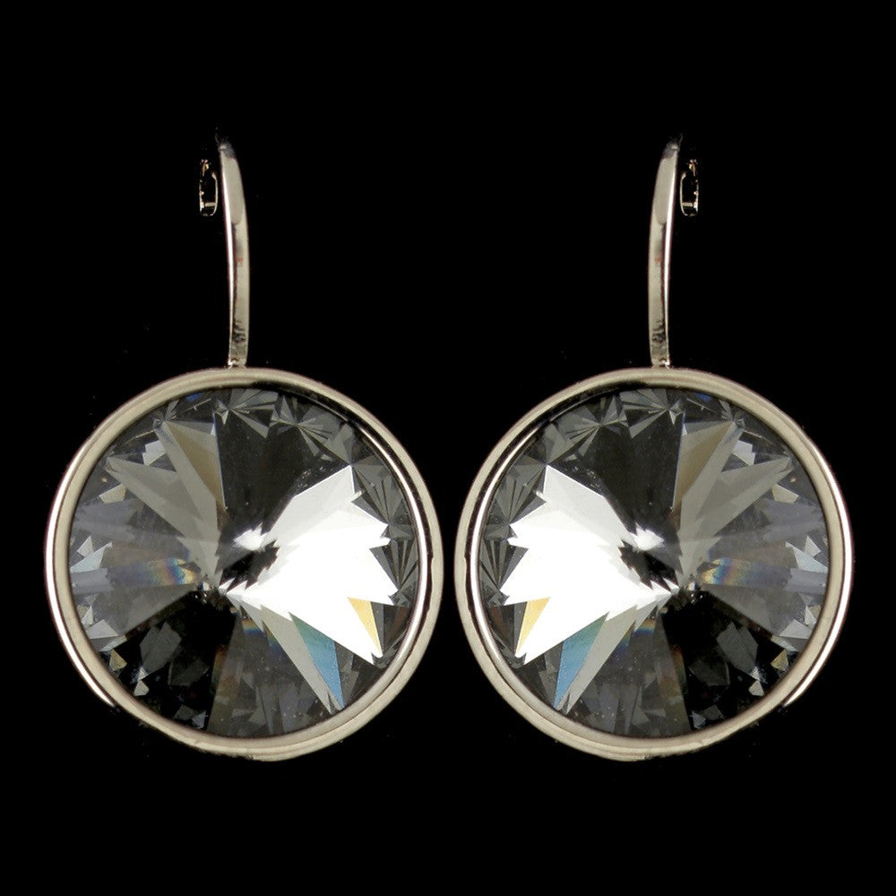 Silver Black Diamond Smoke Swarovski Crystal Element Large Round Leverback Bridal Wedding Earrings 9603