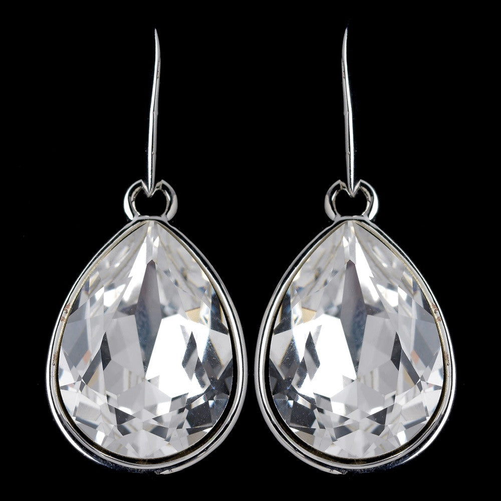 Silver Crystal Clear Swarovski Crystal Element Large Teardrop Hook Bridal Wedding Earrings 9604