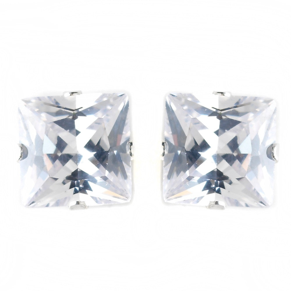 7mm Sterling Silver Princess Clear CZ Crystal Stud Bridal Wedding Earrings