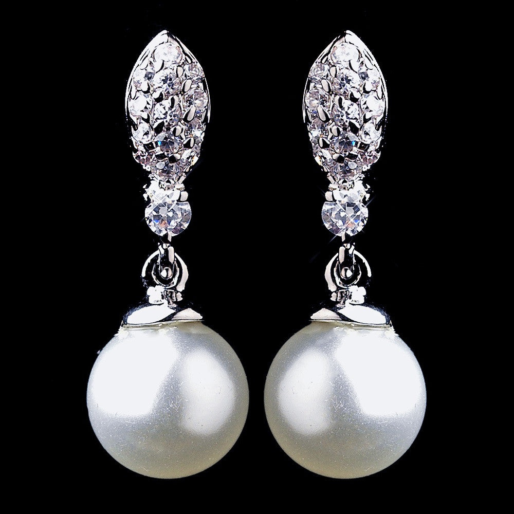 Silver CZ & Pearl Bridal Wedding Earrings E 9616