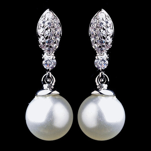 Silver CZ & Pearl Bridal Wedding Earrings E 9616