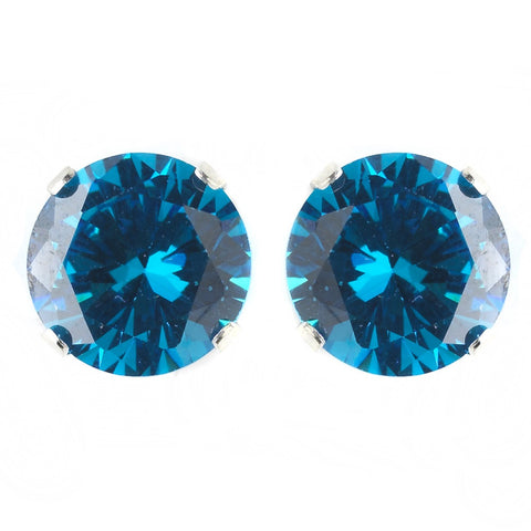 8mm Sterling Silver Round Turquoise CZ Crystal Stud Bridal Wedding Earrings
