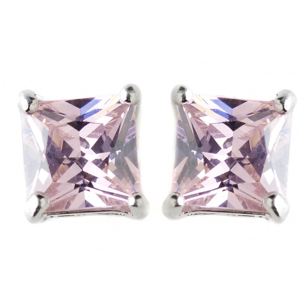 6mm Sterling Silver Princess Pink CZ Crystal Stud Bridal Wedding Earrings