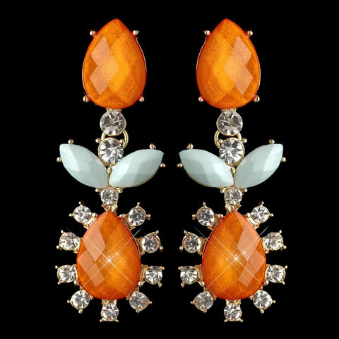 Gold Orange And Light Mint/Blue Rhinestone Dangle Bridal Wedding Earrings 9624