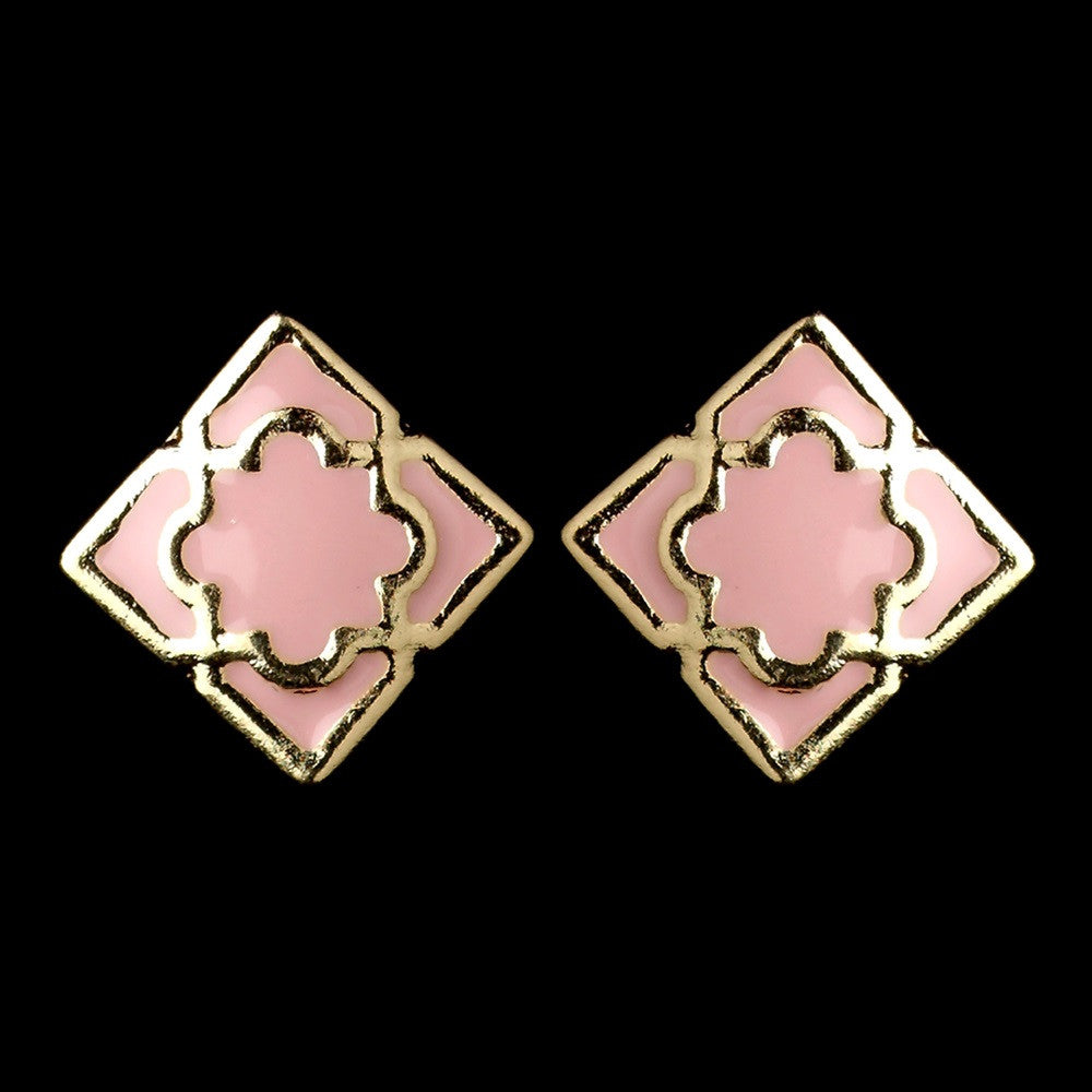 Gold Light Pink Simple Enameled Square Bridal Wedding Earrings 9627