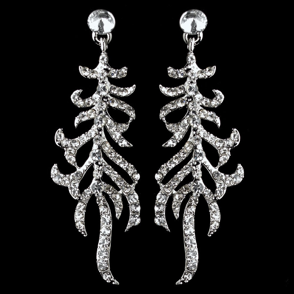 Silver Clear Rhinestone Dangle Vine Bridal Wedding Earrings 9644