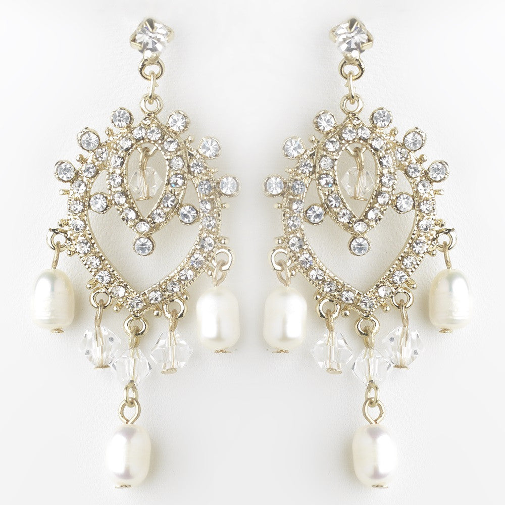 Gold Freshwater Pearl & Swarovski Crystal Bead Dangle Chandelier Bridal Wedding Earrings 9683