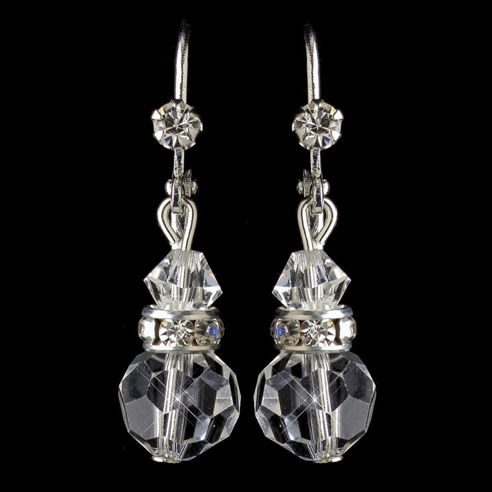 Silver Clear Swarovski Crystal Bead & Rondelle Dangle Leverback Bridal Wedding Earrings 9712