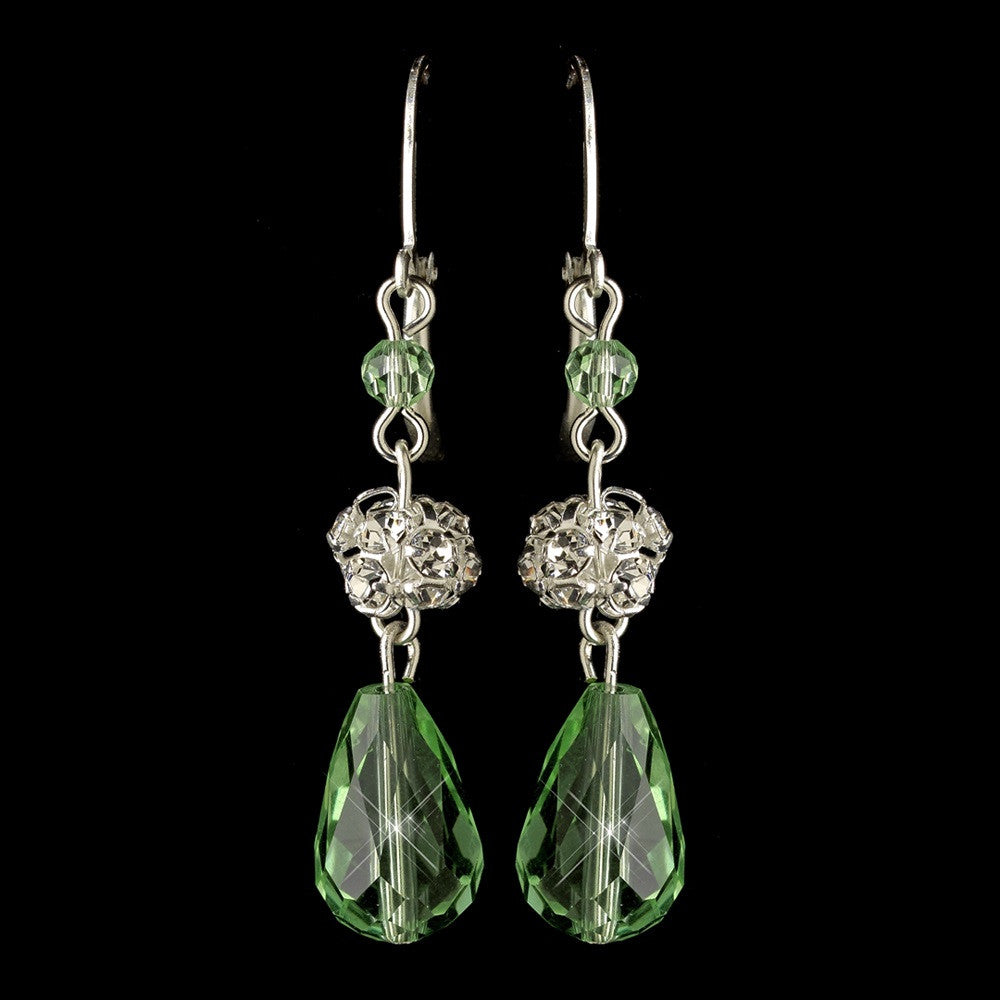 Silver Green Rondelle & Clear Rhinestone Leverback Drop Bridal Wedding Earrings 9714