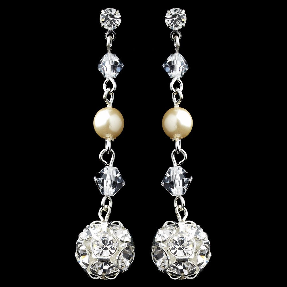 Silver Ivory Pearl & Rhinestone Dangle Ball Bridal Wedding Earrings 9716
