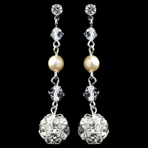 Silver Ivory Pearl & Rhinestone Dangle Ball Bridal Wedding Earrings 9716
