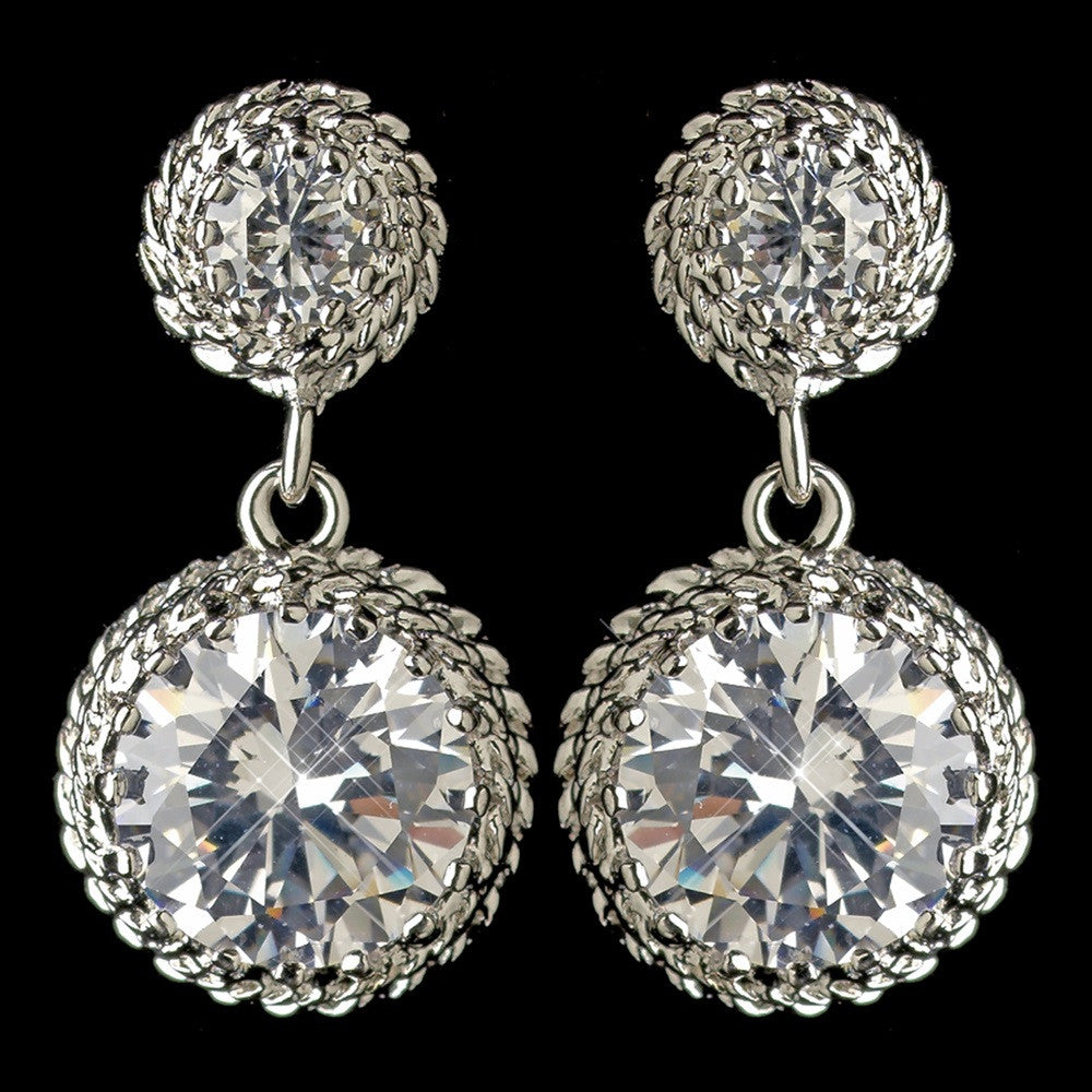 Rhodium Clear Round CZ Crystal Drop Bridal Wedding Earrings 9732