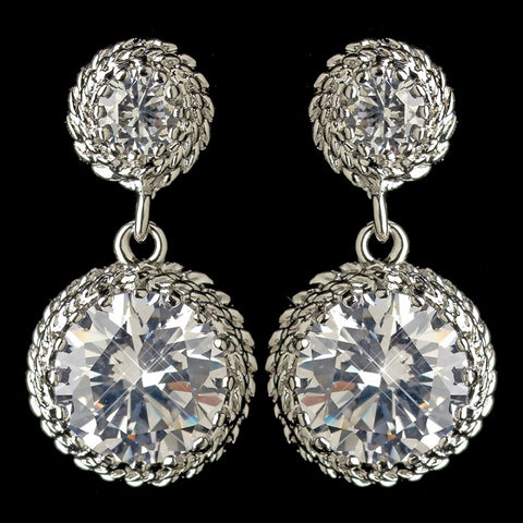 Rhodium Clear Round CZ Crystal Drop Bridal Wedding Earrings 9732