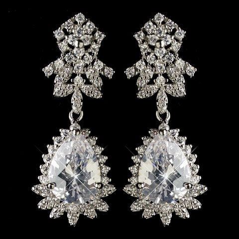 Rhodium Clear Teardrop CZ Crystal Drop Bridal Wedding Earrings 9734