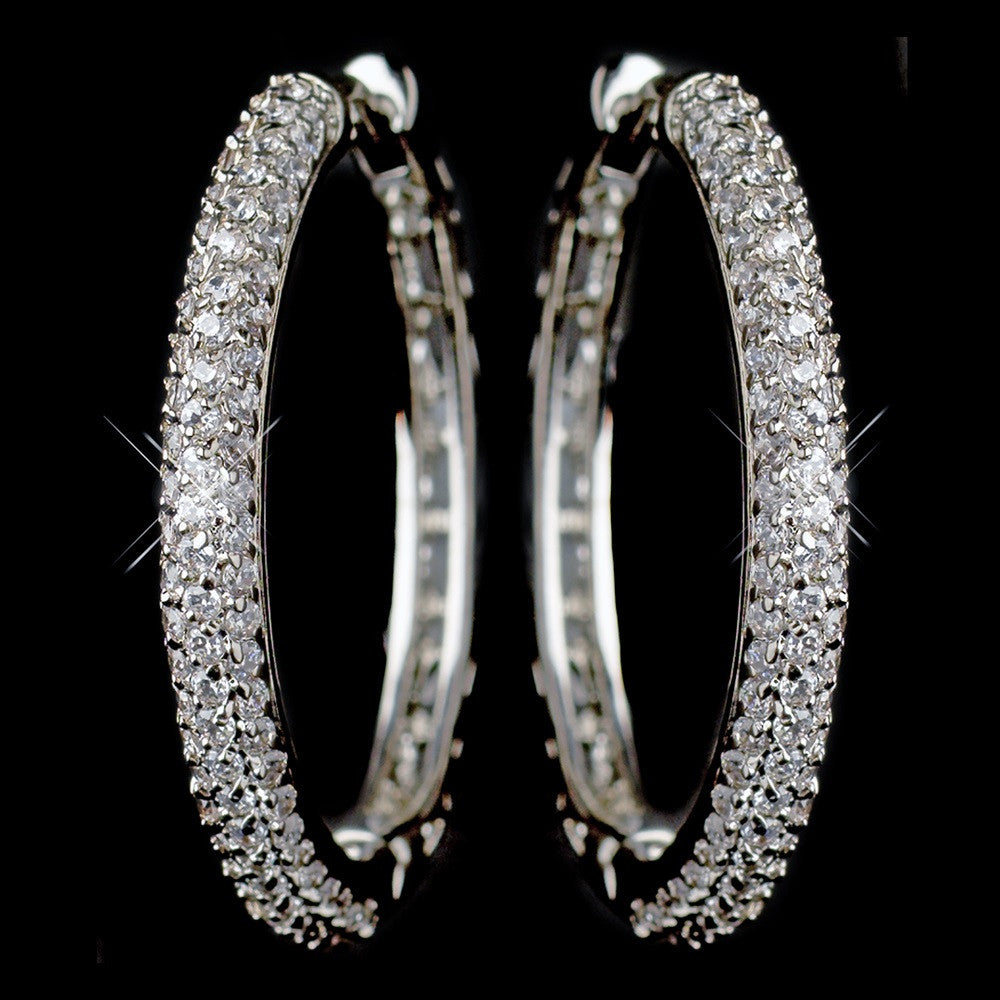 Rhodium Clear CZ Crystal Pave Hoop Bridal Wedding Earrings