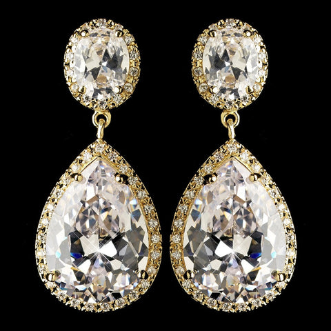 Gold Clear Large Teardrop CZ Crystal Drop Bridal Wedding Earrings 9737