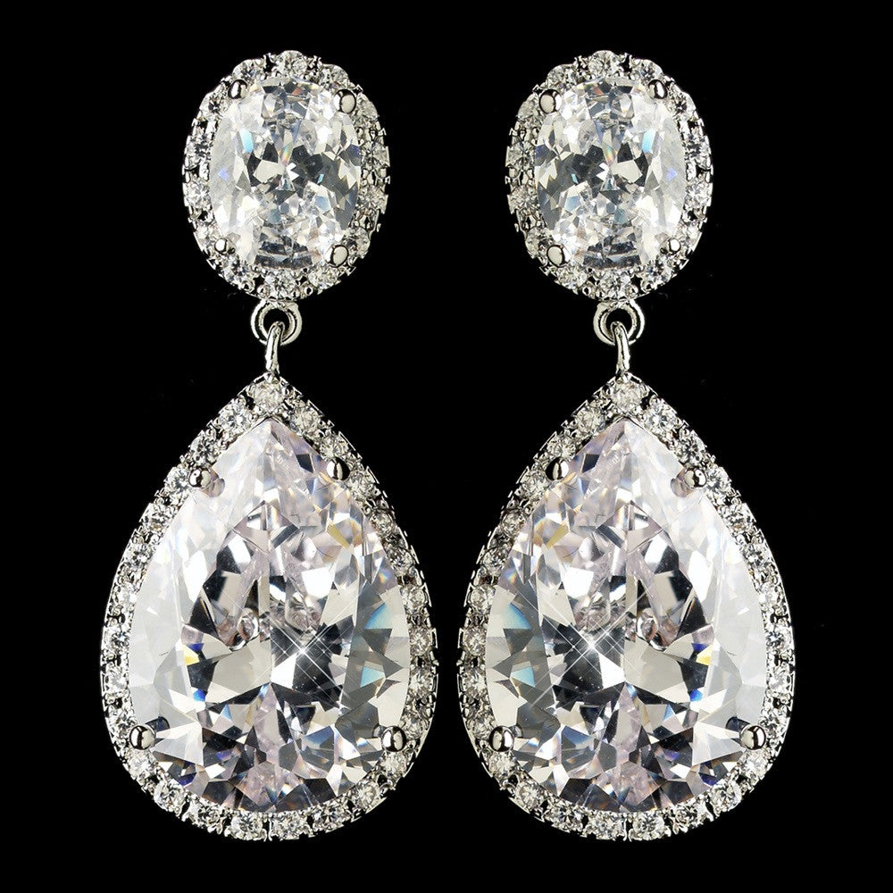 Rhodium Clear Large Teardrop CZ Crystal Drop Bridal Wedding Earrings 9737