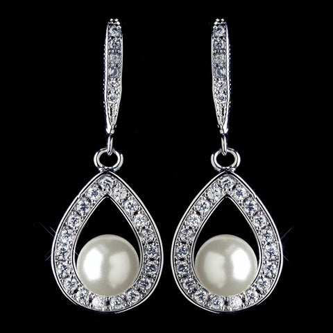 Rhodium CZ Crystal Teardrop & Diamond White Pearl Accent Drop Bridal Wedding Earrings 9745