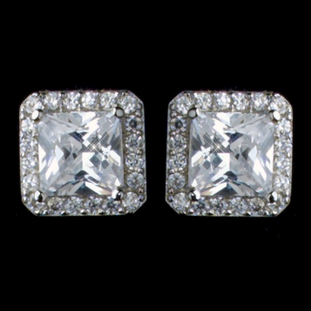 Rhodium Clear Princess Square Pave CZ Stud Bridal Wedding Earrings