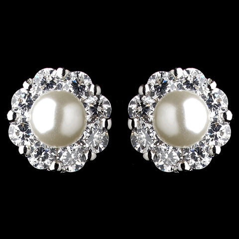 Rhodium Diamond White Pearl & Rhinestone Flower Stud Bridal Wedding Earrings 9869