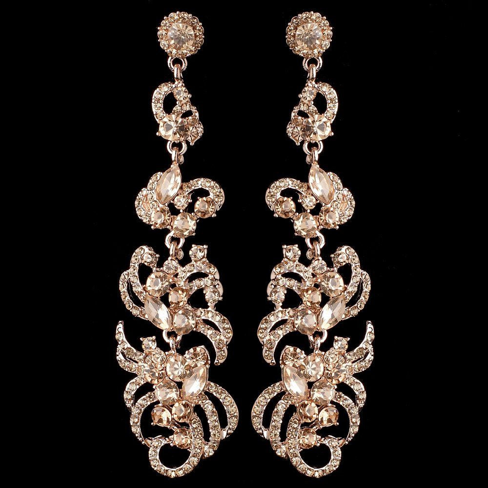 Rose Gold Peach Rhinestone Dangle Bridal Wedding Earrings 9890