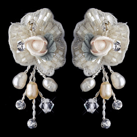 Silver Rum Accented Freshwater Pearl, Swarovski Crystal, Beads & Rhinestone Flower Rose Bridal Wedding Earrings 9904