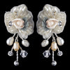 Silver Rum Accented Freshwater Pearl, Swarovski Crystal, Beads & Rhinestone Flower Rose Bridal Wedding Earrings 9904