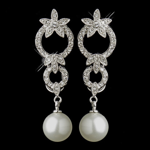 Antique Silver Ivory Pearl Drop & Clear CZ Crystal Bridal Wedding Earrings 9956