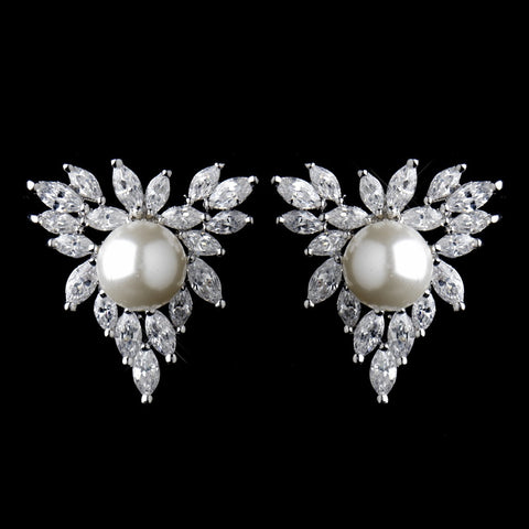 Antique Silver CZ Crystal Marquise & Diamond White Pearl Bridal Wedding Earrings 9967