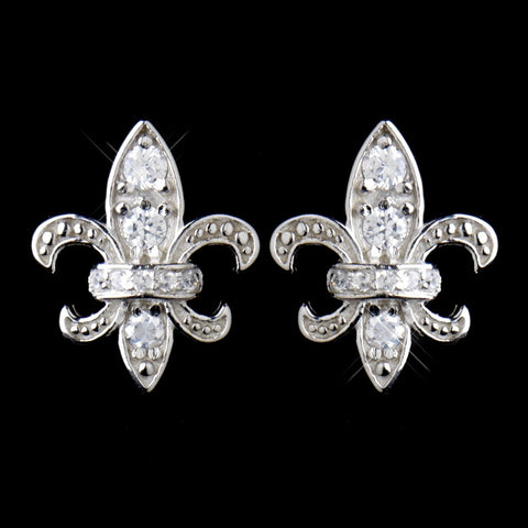 Solid 925 Sterling Silver CZ Crystal Fleur De Lis Stud Bridal Wedding Earrings 9991