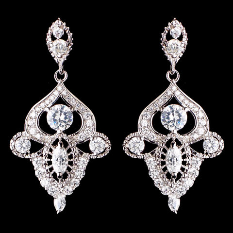 Rhodium Silver Vintage CZ Dangle Bridal Wedding Earrings 3908