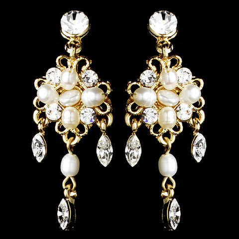 Delightful Gold Clear Crystal & Freshwater Pearl Floral Bridal Wedding Earrings 6206