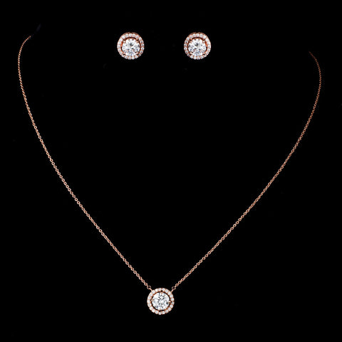 Rose Gold Clear CZ Crystal Pendent Bridal Wedding Necklace 82073 & Stud Earrings 8845 Jewelry Set