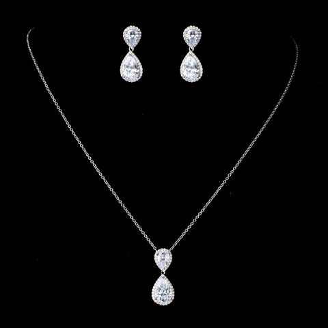 Rhodium Clear CZ Crystal Bridal Wedding Necklace 9729 & Drop Earrings 9729 Jewelry Set