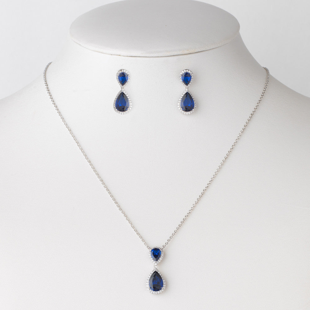 Rhodium Sapphire CZ Crystal Bridal Wedding Necklace 9729 & Drop Earrings 9729 Jewelry Set
