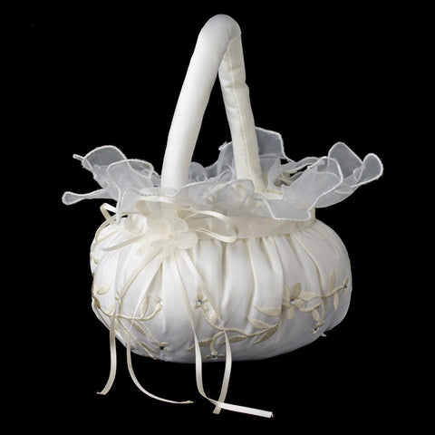 Lace Ribbon & Sheer Organza Floral Design Flower Girl Basket 3 w/ Crystal & Pearl Accents