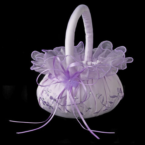 Lace Ribbon & Sheer Organza Floral Design Flower Girl Basket 3 w/ Crystal & Pearl Accents