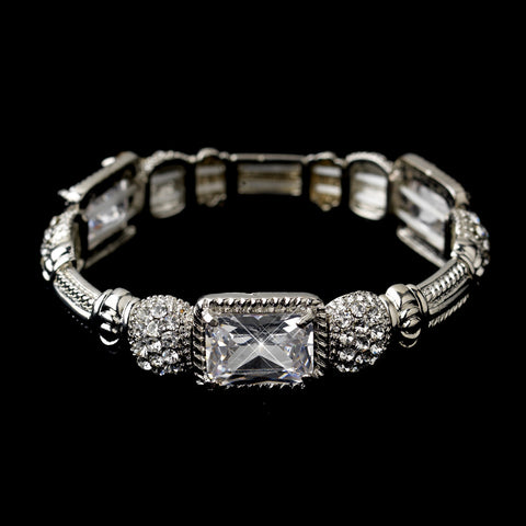 Antique Silver Rhodium Clear CZ Crystal Stretch Bridal Wedding Bracelet 0093