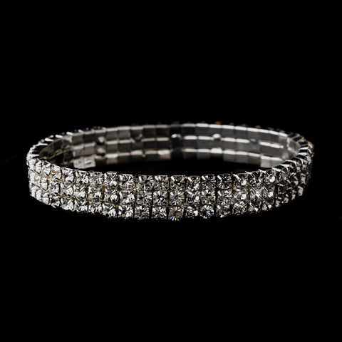Silver Clear 3-Row Rhinestone Stretch Bridal Wedding Bracelet 0741