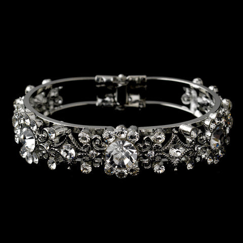 Antique Silver Rhodium Clear Rhinestone Round Bridal Wedding Bracelet 2359