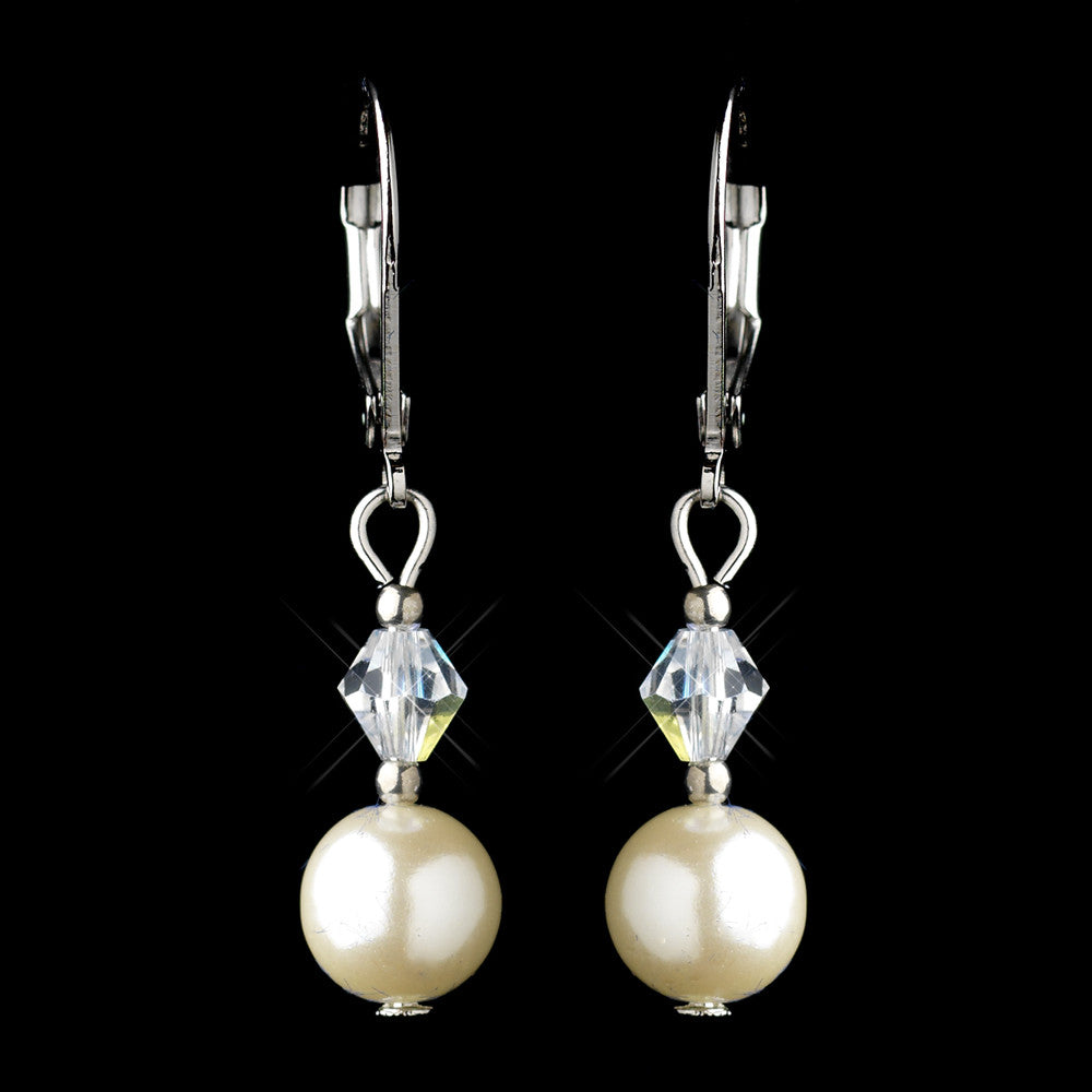 Silver Ivory Glass Pearl & Clear Swarovski Crystal Bead Bridal Wedding Earrings  0044