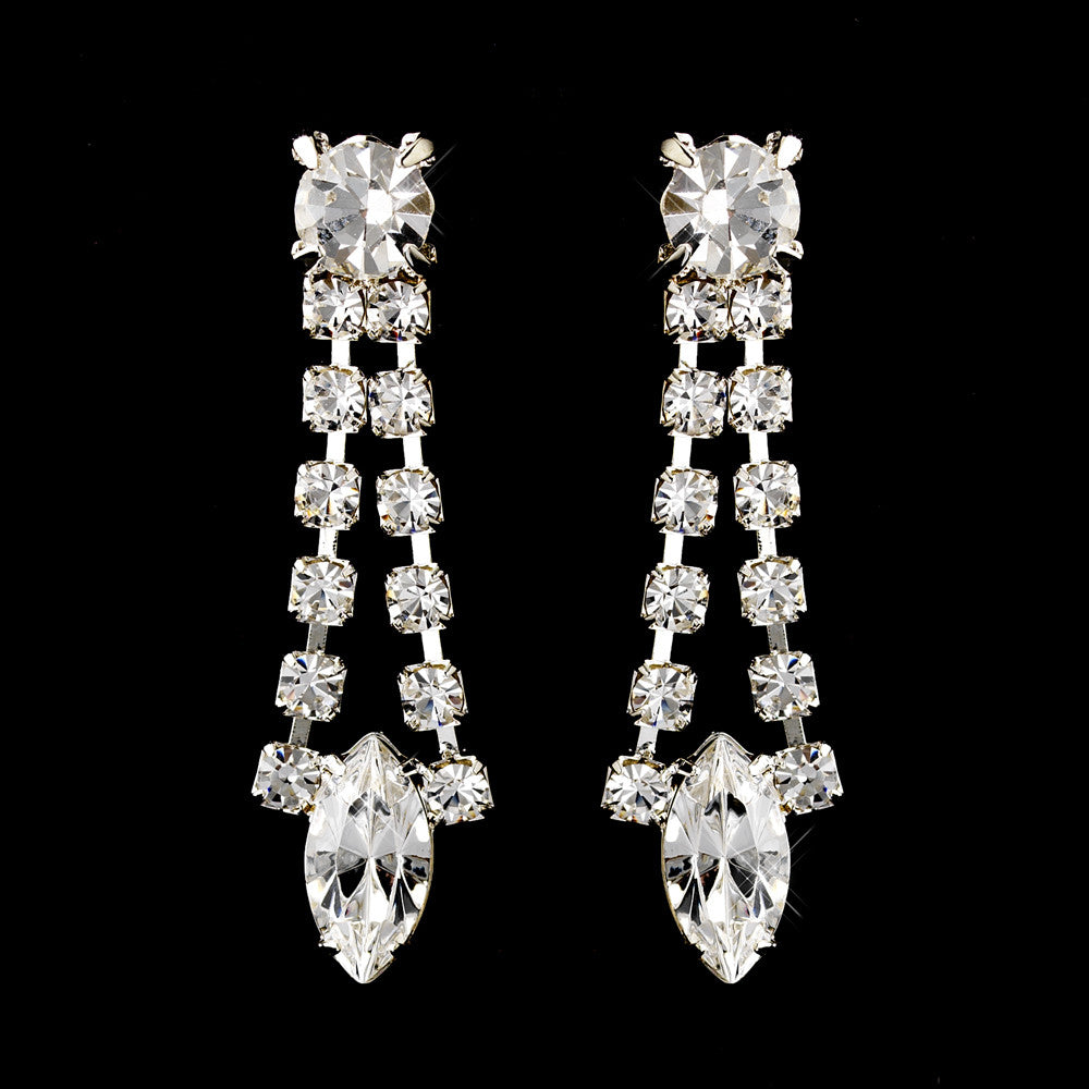 Silver Clear Navette Rhinestone Drop Bridal Wedding Earrings 0066