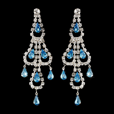 Silver Aqua & Clear Teardrop Rhinestone Chandelier Bridal Wedding Earrings 0106