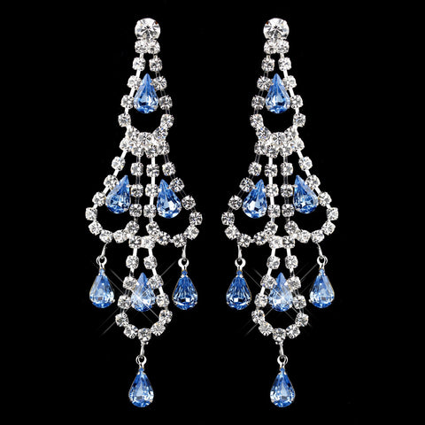Silver Light Blue & Clear Teardrop Rhinestone Chandelier Bridal Wedding Earrings 0106