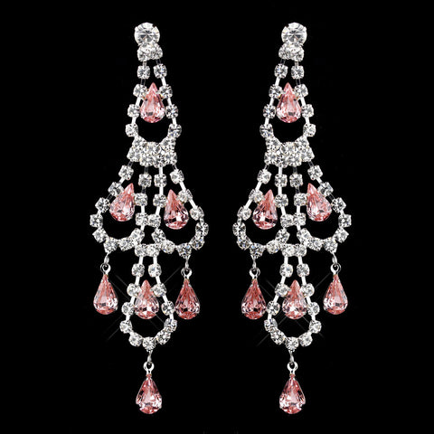 Silver Pink & Clear Teardrop Rhinestone Chandelier Bridal Wedding Earrings 0106