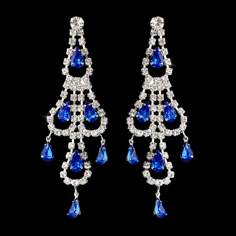 Silver Sapphire & Clear Teardrop Rhinestone Chandelier Bridal Wedding Earrings 0106