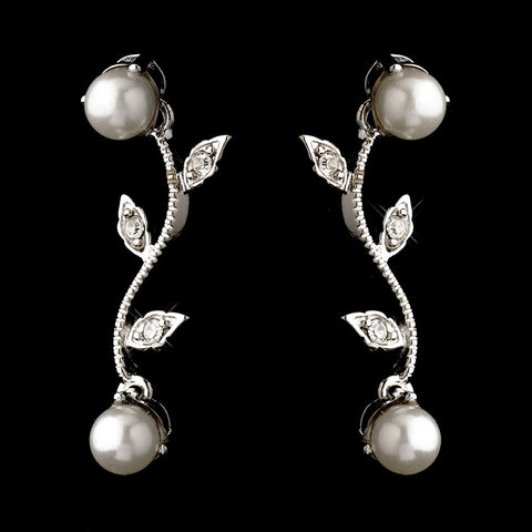 Gold White Pearl & Round CZ Crystal Vine Drop Bridal Wedding Earrings 0112