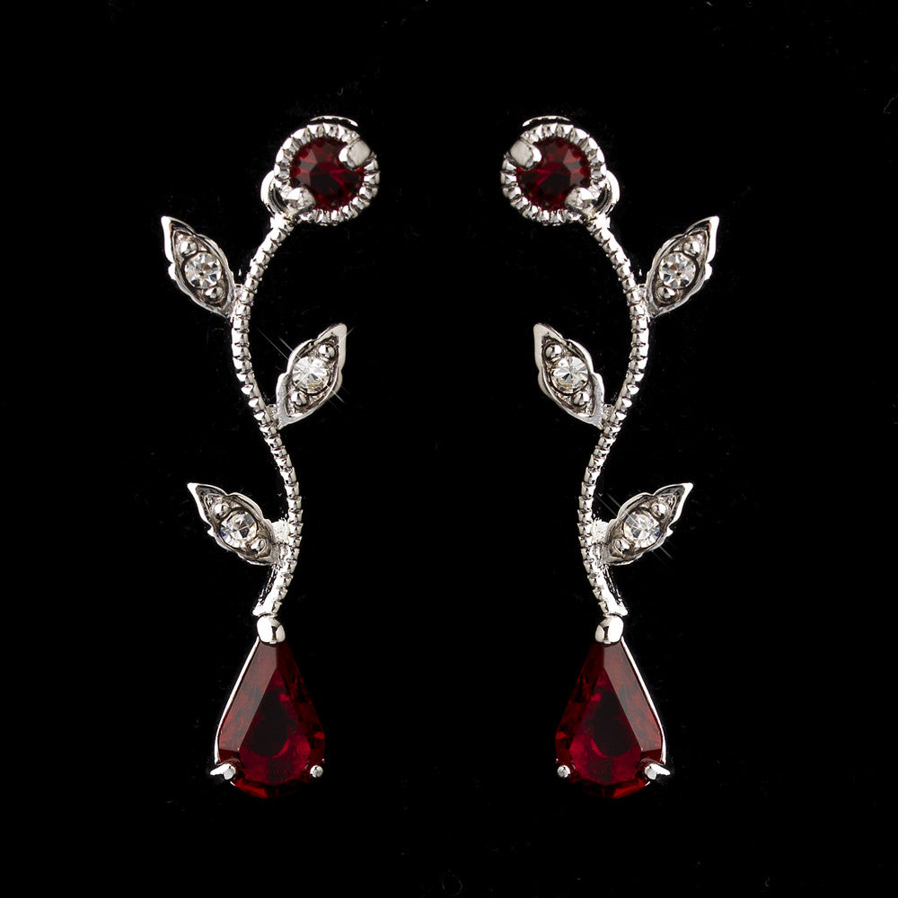 Silver Ruby & Clear CZ Teardrop Rhinestone Vine Drop Bridal Wedding Earrings 0116